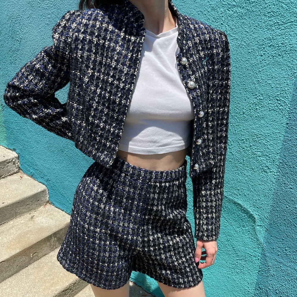 Silver Metallic and Navy Tweed Cropped Jacket and Shorts Set